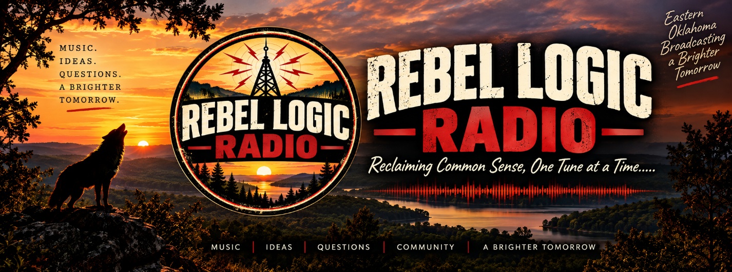 Rebel Logic Radio — sunset, wolf and radio tower. Music. Ideas. Questions. A Brighter Tomorrow.